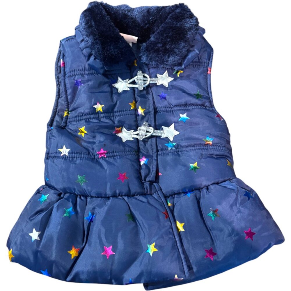 Little Lass girl's blue stars ruffles faux‎ fur trim full zip puffer vest sz 5